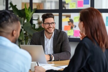 Caucasian HR manager conducts job interview with applicant in office setting. Female executive asks questions from male candidate. Formal discussion at desk with resume, CV, company background. Pro
