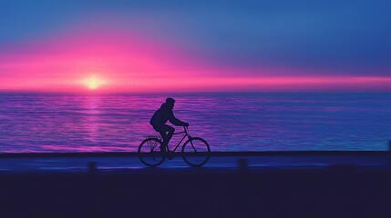 Obraz premium Silhouette of a cyclist riding along the coast at sunset.