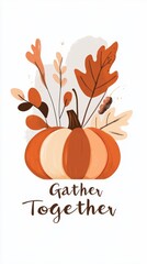 Naklejka premium A decorative autumn-themed illustration featuring a pumpkin and foliage.