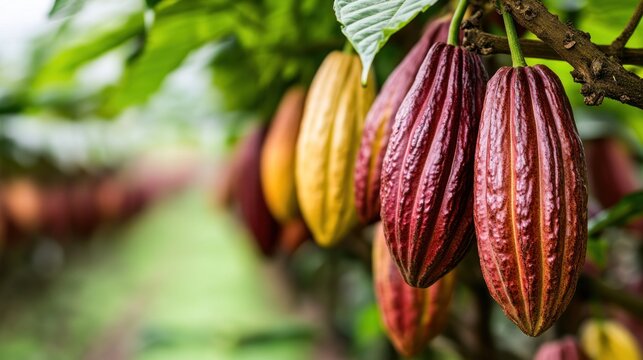 Close-up of cacao pods hanging on a tree in a plantation.