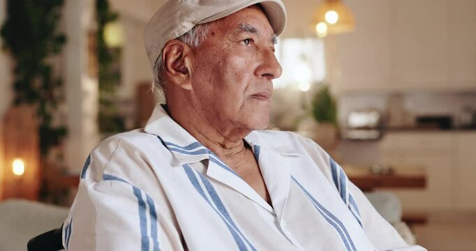 Senior, man and sad in wheelchair for thinking of memory in retirement with alzheimers, remember and nostalgia. Elderly, person and lonely in home with dementia, depression and grief of mental health