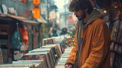 A highly realistic image of a person engaged in Citypop – Listening to vinyl records in a record store The scene is well-lit, with natural light highlighting the details. The background is slightly 