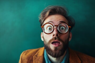 Obraz premium Surprised man with glasses and beard looking up, shocked and amazed expression