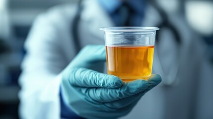 Doctor hand holding a small cup of urine for a lab test, urine sample, health diagnostics
