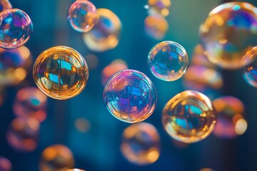 Naklejka premium Colorful Soap Bubbles Floating in Air Abstract Background