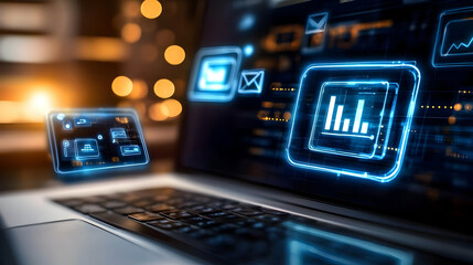 Obraz premium Laptop Screen with Blue Neon Holographic Bar Graph Illustration