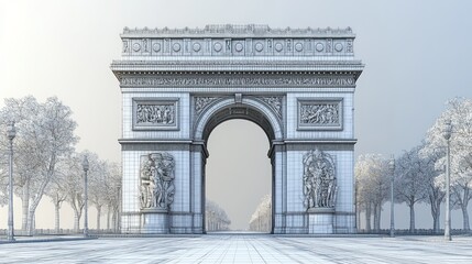Obraz premium Monumental arch structure in a serene, wintery landscape.