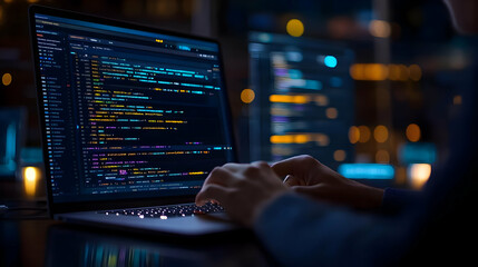 Laptop Coding in Dark Room Illustration