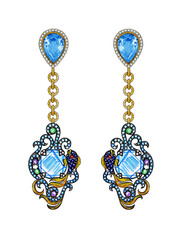 Jewelry design vintage art earrings set with fancy sapphire hand drawing on paper.	
