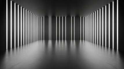 Obraz premium A modern interior space featuring subtle diffused lighting across black backdrop, creating striking visual effect. vertical light strips enhance minimalist design, evoking sense of depth and tranquili