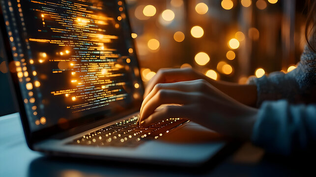 Hands Typing Code on Laptop with Bokeh Lights Background Illustration
