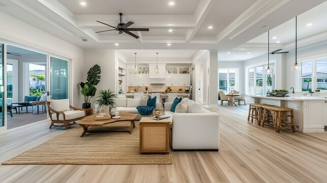 An open concept living room featuring luxury coastal interior design, highlighting stunning SPC flooring. 