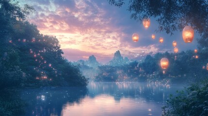 Fototapeta premium Serene Twilight Over Lantern-Lit Lake