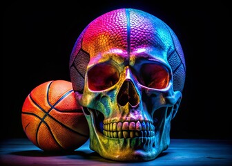 A distinctive artistic portrayal of a skull infused with basketball elements, perfect for enhancing creative projects
