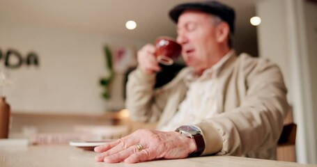 Hand, nervous and elderly man with coffee for thinking, planning and ideas for retirement plan. Anxiety, cappuccino and senior person tapping fingers in cafe waiting for pension payout for finance.