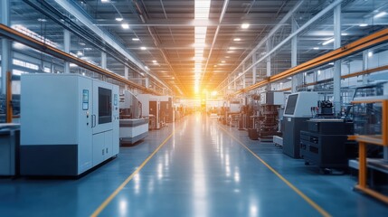 Fototapeta premium A spacious industrial facility with machinery and equipment, illuminated by sunlight.