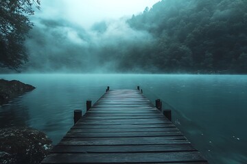 Naklejka premium Mystic Foggy Lake with Wooden Dock Pathway