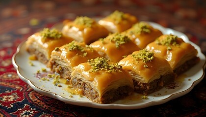 Golden Middle Eastern Baklava Drizzled with Honey and Garnished with Pistachios Generative AI