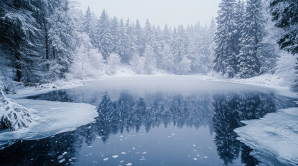 A frozen lake surrounded by snow-covered trees, with the ice reflecting the soft light of a winter day.