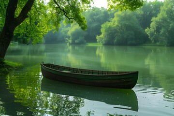Obraz premium Person rowing on green lake, peaceful solitude.