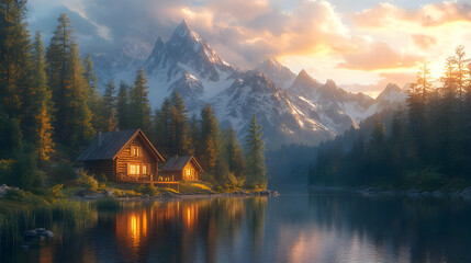 Fototapeta premium Mountain Lake Cabin Illustration