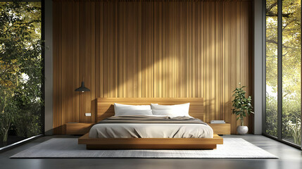 Modern Bedroom Interior Design with Wooden Wall and Large Windows - 3D Illustration