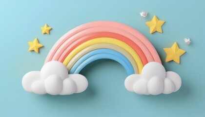 Cute and Whimsical Cartoon Rainbow with Fluffy Clouds and Shining Stars Against a Soft Pastel Color Background  Playful Joyful and Imagination Inspiring Digital or Design Element