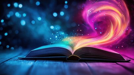 Depicting a Glowing Swirling Vortex of Cosmic Energy Emerging from the Pages of an Open Book Symbolizing the Power of Knowledge Imagination and Transformation