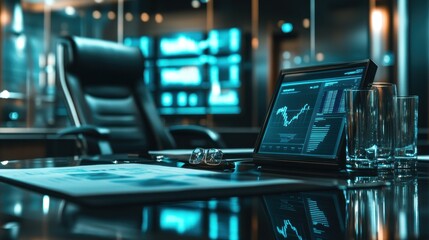 A modern office setting with a tablet displaying financial data and a sleek chair.