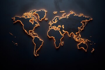 Glowing world map with continents and countries illuminated in abstract light symbolizing global connectivity technology and the interconnected nature of the modern world