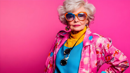 Stylish Senior Woman in Pink Jacket and Sunglasses - Photo