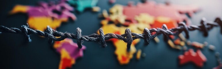 Interconnected global network of wire and cable in the shape of a world map on a colorful abstract textured backdrop  Concept of international communication technology business and digital strategy