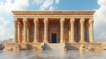 Fototapeta premium Ancient temple with columns and intricate carvings under a blue sky.