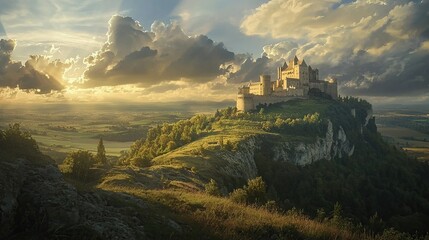 Obraz premium Majestic castle perched atop a mountain, surrounded by lush forest.