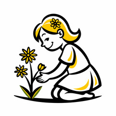 Joyful girl kneeling while planting flowers in a cheerful outdoor setting