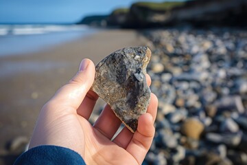Hand grasps a fossil on Jurassic coast in Dorset, England. Fossil hunter close-up of ancient relic on rocky beach. Clear blue sky above. Ocean waves in background.