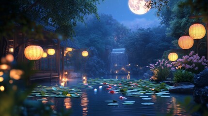Obraz premium Moonlit Waterfall and Koi Pond in a Serene Garden