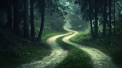 Fototapeta premium A serene forest pathway where the trail splits into three distinct roads. The left path, shadowed by tall, ancient trees, appears worn and symbolizes the past.
