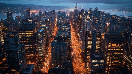 Obraz premium Aerial view of a cityscape at night with illuminated windows.