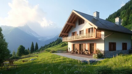 A serene mountain house surrounded by lush greenery and scenic mountains.