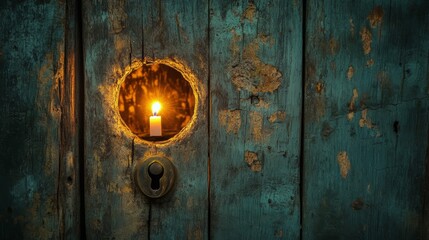 Glowing Candle Through Old Door