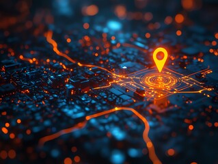 A glowing orange pin in a city of futuristic technology, surrounded by glowing lines and circuit boards.