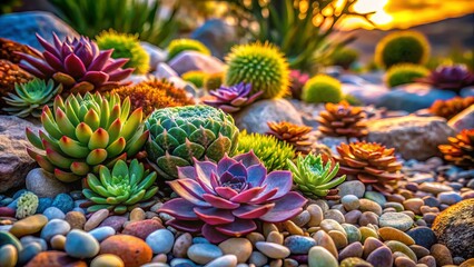 Fototapeta premium A peaceful rock garden adorned with succulents and pebbles fosters a serene Zen environment, inviting tranquility and