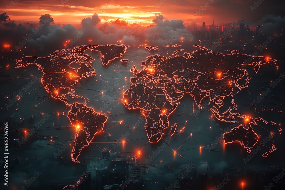 Poster A glowing orange world map with connected lines and cities in the background.