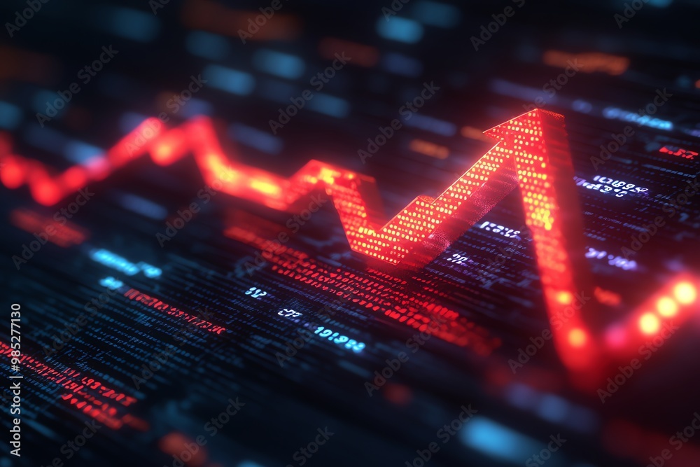 Aufkleber A glowing red arrow pointing up on a dark blue digital background with code.