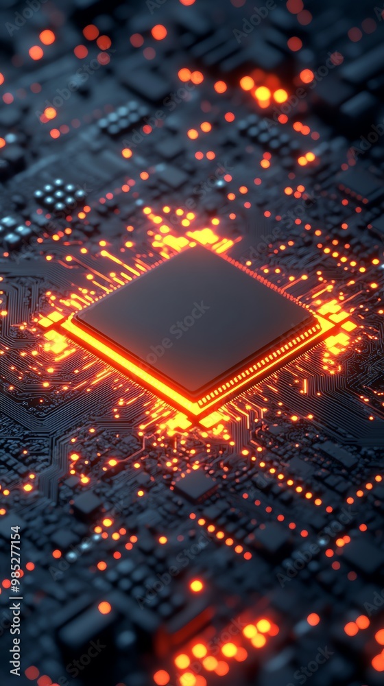Leinwandbilder a glowing processor chip is placed on a circuit board with red lights.