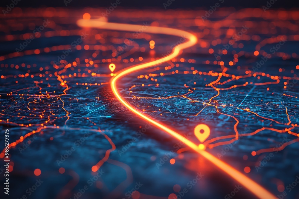 Aufkleber A glowing red line representing a route on a city map with pinpoints along the way.