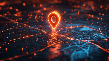 A glowing red location pin sits on a futuristic city map, illuminated by orange lines.