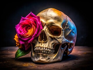 Artistic representation of a skull entwined with a vibrant rose, symbolizing life and death's contrast