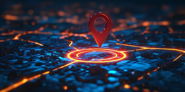 A glowing red location pin hovers over a futuristic city with a bright orange light trail.